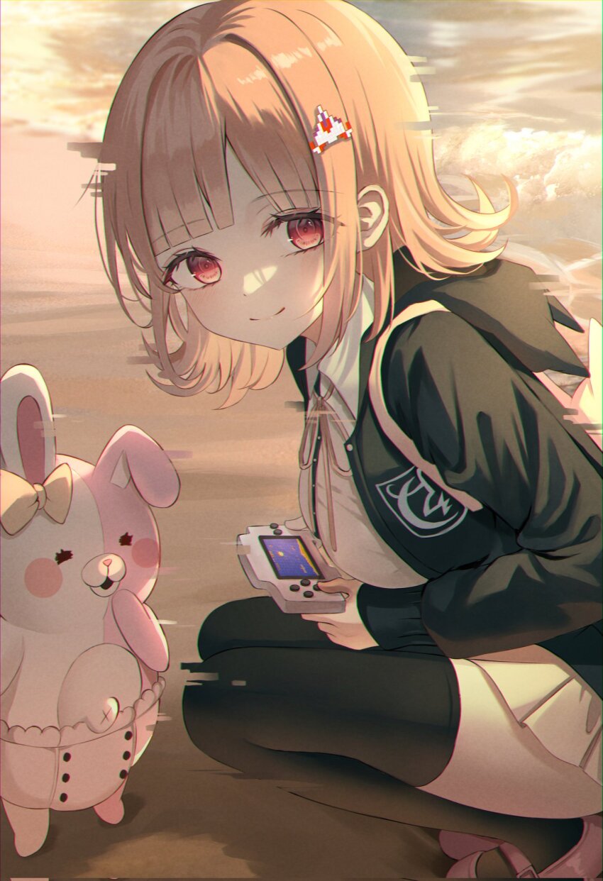 1girl bow breasts brown_hair chromatic_aberration collared_shirt danganronpa_(series) danganronpa_2:_goodbye_despair diaper ear_bow flipped_hair galaga hair_ornament handheld_game_console highres holding holding_handheld_game_console hood huyu jacket long_sleeves looking_at_viewer monomi_(danganronpa) nanami_chiaki neck_ribbon open_clothes open_jacket pink_eyes pink_ribbon pleated_skirt ribbon shirt skirt smile spaceship_hair_ornament thighhighs white_shirt