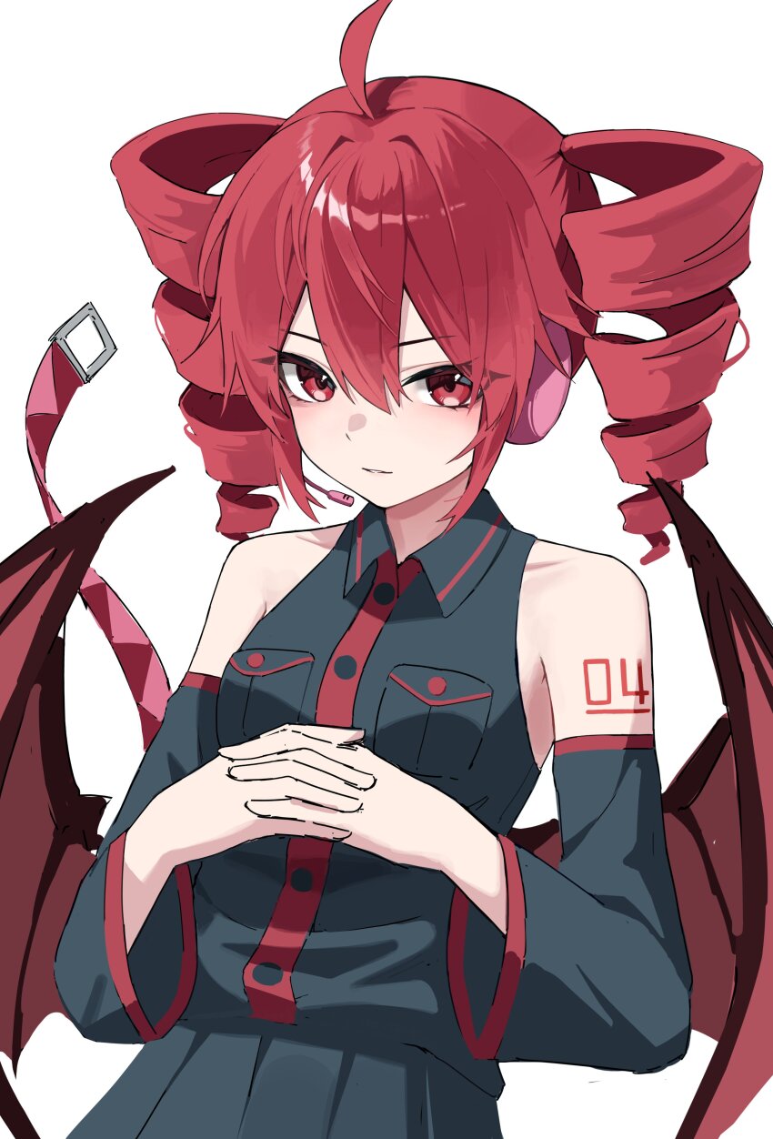 absurdres ahoge armpits belt black_skirt black_sleeves collarbone collared_shirt commentary_request detached_sleeves dress_shirt drill_hair hair_between_eyes headphones highres hu2924 interlocked_fingers kasane_teto kasane_teto_(utau) looking_at_viewer own_hands_together parted_lips red_belt red_eyes red_hair red_wings shirt simple_background skirt skirt_set sleeveless sleeveless_shirt twin_drills upper_body utau white_background wing_collar wings