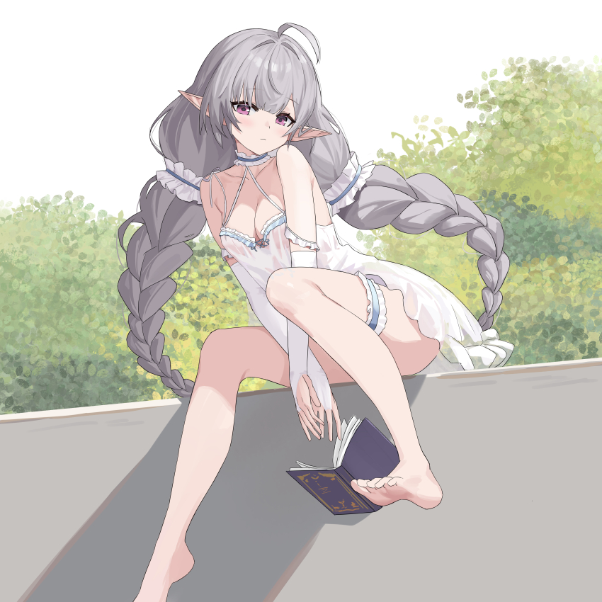 1girl absurdres ahoge azur_lane babydoll bare_shoulders barefoot blush book braid breasts bridal_gauntlets bush cleavage collarbone commentary_request evertsen_(azur_lane) evertsen_(basking_by_the_window)_(azur_lane) feet frills grey_hair highres looking_at_viewer low_twin_braids medium_breasts official_alternate_costume open_book outdoors pointy_ears purple_eyes see-through_babydoll see-through_clothes sitting sitting_on_wall soles solo spaghetti_strap thigh_strap toes twin_braids white_babydoll youtanhuayuan255