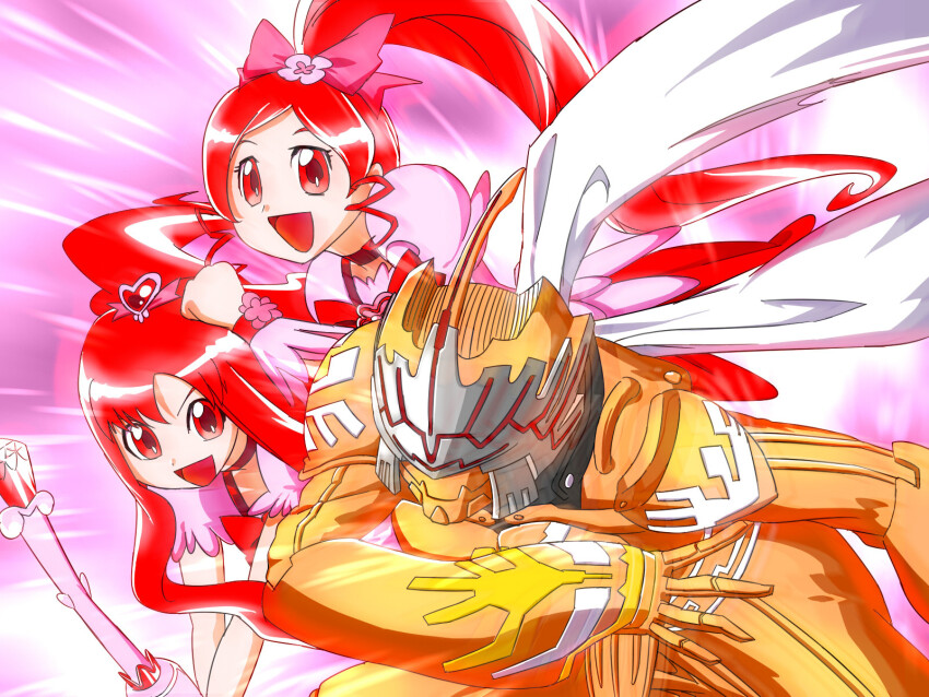 alternate_color armor bow brooch choker cure_blossom cure_marine dashing heart heart_brooch heartcatch_precure! helmet high_ponytail highres jewelry kamen_rider kamen_rider_w long_hair magical_girl motion_lines nasca_dopant nazca_lines official_alternate_color open_mouth orange_armor pink_arm_warmers pink_bow pink_wrist_cuffs ponytail precure red_choker red_eyes red_hair scarf smile taiman_44_koukei wand white_scarf wrist_cuffs