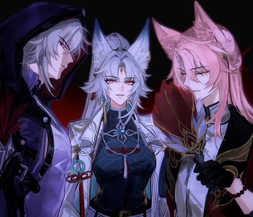 1girl 2boys animal_ear_fluff animal_ears bead_bracelet beads black_background black_gloves blue_coat blue_eyes blue_shirt bracelet breasts chinese_clothes coat earrings feather_fan feixiao_(honkai:_star_rail) forehead_jewel fox_boy fox_ears fox_girl gloves gold_earrings gradient_background grey_hair hair_between_eyes hand_fan hand_up high_ponytail highres holding holding_fan honkai:_star_rail honkai_(series) hood hooded_jacket jacket jewelry jiaoqiu_(honkai:_star_rail) lapels large_breasts long_hair long_sleeves looking_at_viewer mandarin_collar moze_(honkai:_star_rail) multiple_boys necklace open_clothes open_coat open_jacket parted_bangs pink_hair pink_pupils ponytail purple_eyes purple_jacket purple_shirt red_background red_ribbon red_shrug ribbon shirt short_hair shrug_(clothing) simple_background single_earring smile tangzhuang tassel tassel_earrings teeth two-sided_coat two-sided_fabric upper_body white_coat white_shirt yellow_eyes yziyiling