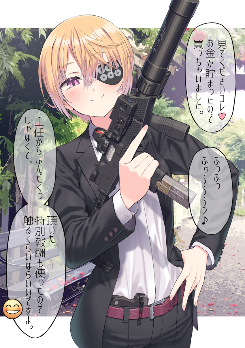 1girl b&amp;t_mp9 black_pants black_suit blonde_hair blush collared_shirt concealed_weapon eyepatch formal_clothes gun hand_on_own_hip handgun highres holding holding_gun holding_weapon kirika_sanada_(samaru) long_sleeves looking_at_viewer original pants pistol pocket_pistol purple_eyes samaru_(seiga) shirt short_hair smile solo speech_bubble submachine_gun suit suppressor taurus_curve translation_request trigger_discipline upper_body weapon white_shirt