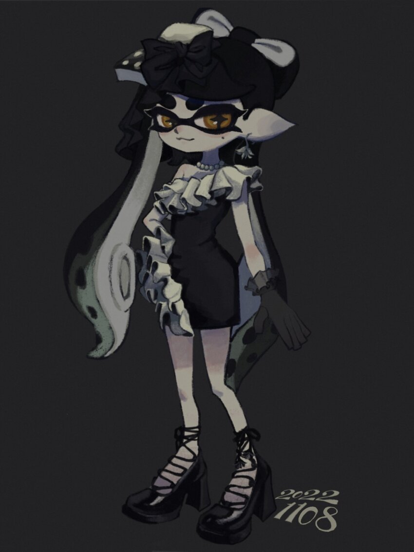 1girl 2022 alternate_costume bead_necklace beads black_bow black_dress black_gloves black_hair black_shoes blue_hair bow bow-shaped_hair callie_(splatoon) closed_mouth cross-shaped_pupils dated dress earrings flower_earrings full_body gloves grey_background hair_bow highres inkling jewelry ka1_(k4k37) long_hair looking_at_viewer mole mole_under_eye multicolored_hair necklace nintendo orange_eyes pointy_ears shoes single_bare_shoulder smile solo splatoon_(series) standing strapless strapless_dress swept_bangs symbol-shaped_pupils tentacle_hair thick_eyebrows twintails two-tone_hair