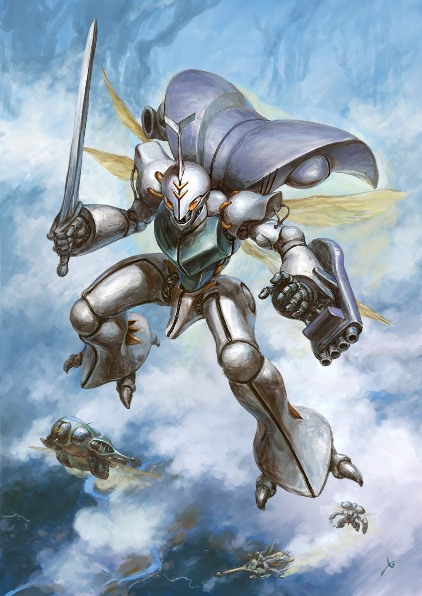 absurdres aircraft arm_cannon cloud commentary_request dunbine fantasy flying highres insect_wings long_hair mecha no_humans outdoors painting_(medium) realistic robot science_fiction seisenshi_dunbine sword takani_yoshiyuki_(style) talons traditional_media weapon wings youkoumori