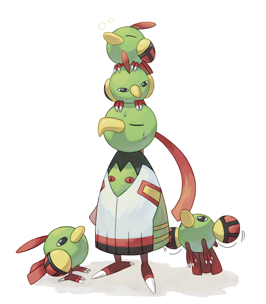 absurdres animal_focus bird black_eyes closed_eyes commentary_request evolutionary_line gen_2_pokemon highres korean_commentary natu nintendo no_humans on_head pokemon pokemon_(creature) pokemon_on_head raid_(donghyeok) squeans sweat white_background xatu