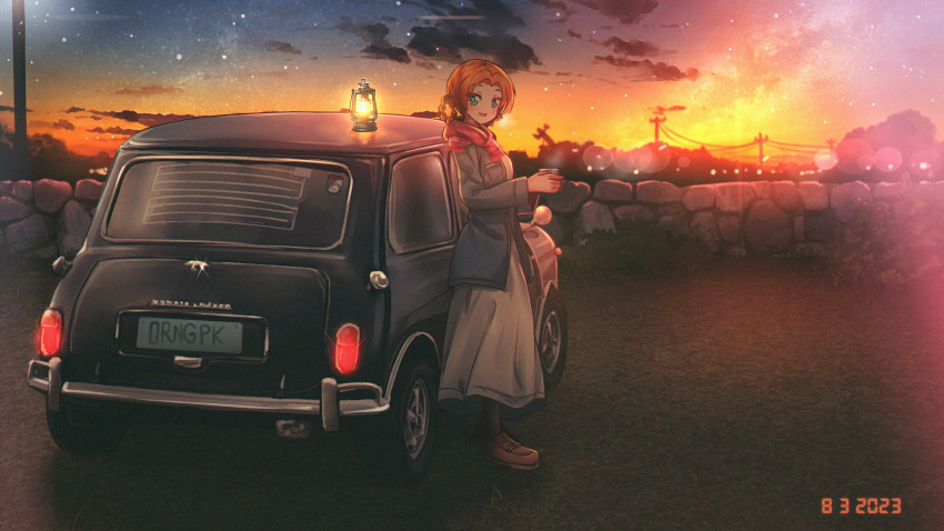 1girl absurdres black_pantyhose blue_coat blue_eyes blurry bokeh braid brown_shoes car casual cloud cloudy_sky coat coffee_mug commentary cup dated depth_of_field dress fringe_trim girls_und_panzer gradient_sky grey_dress highres holding holding_cup lantern loafers long_dress looking_at_viewer mini_cooper mizzterbii motor_vehicle mug night night_sky open_clothes open_coat open_mouth orange_hair orange_pekoe_(girls_und_panzer) orange_sky outdoors pantyhose parted_bangs pink_scarf power_lines scarf seven-segment_display shoes short_hair sky smile solo standing star_(sky) starry_sky steam stone_wall symbol-only_commentary twilight twin_braids wall