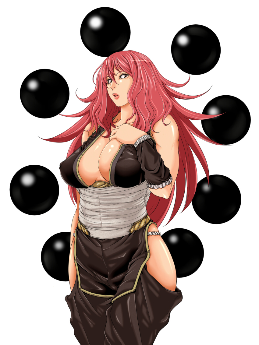 1girl bad_id bad_pixiv_id bandages benkei breasts cleavage female_focus gender_request genderswap highres large_breasts lips long_hair mole open_mouth pink_hair sengoku_collection solo tuna21