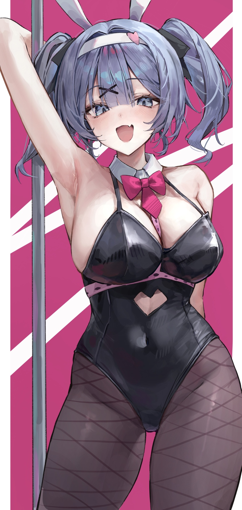 1girl :d absurdres animal_ears armpits bare_shoulders blue_eyes blue_hair bow bowtie breasts cleavage commentary_request covered_navel fake_animal_ears fang fishnet_pantyhose fishnets hair_ornament hairband hatsune_miku highres kabi_(zcwd8845) large_breasts leotard long_hair looking_at_viewer open_mouth pantyhose pink_bow pink_bowtie playboy_bunny rabbit_ears rabbit_hole_(vocaloid) skin_fang smile solo standing twintails vocaloid white_hairband x_hair_ornament