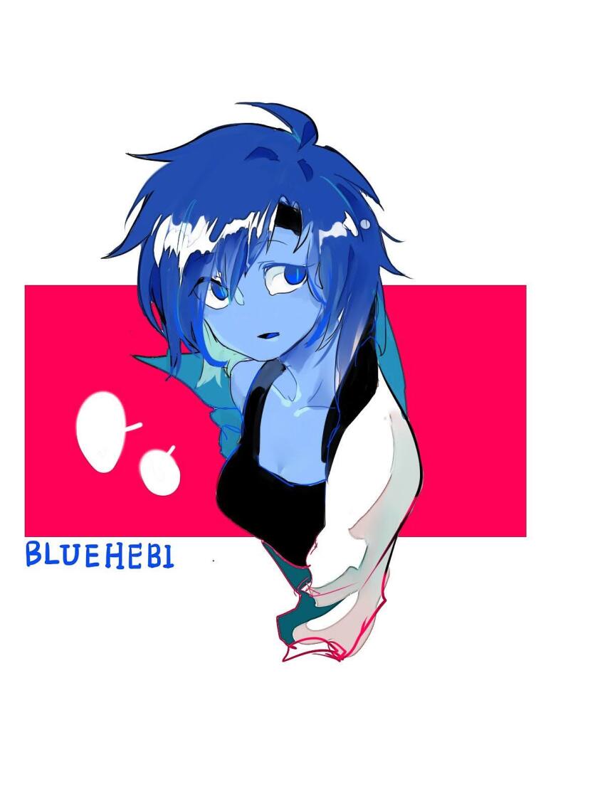 1girl ahoge alternate_eye_color alternate_hair_color alternate_skin_color bad_id bad_pixiv_id black_headband black_tank_top blank_speech_bubble blue_eyes blue_hair blue_pupils blue_skin blue_tongue breasts character_name cleavage collared_jacket colored_skin colored_tongue cropped_torso genderswap genderswap_(otf) headband highres jacket kurohebi len&#039;en long_sleeves medium_breasts open_clothes open_jacket open_mouth short_hair slit_pupils solo speech_bubble ssbaby tank_top white_background white_jacket