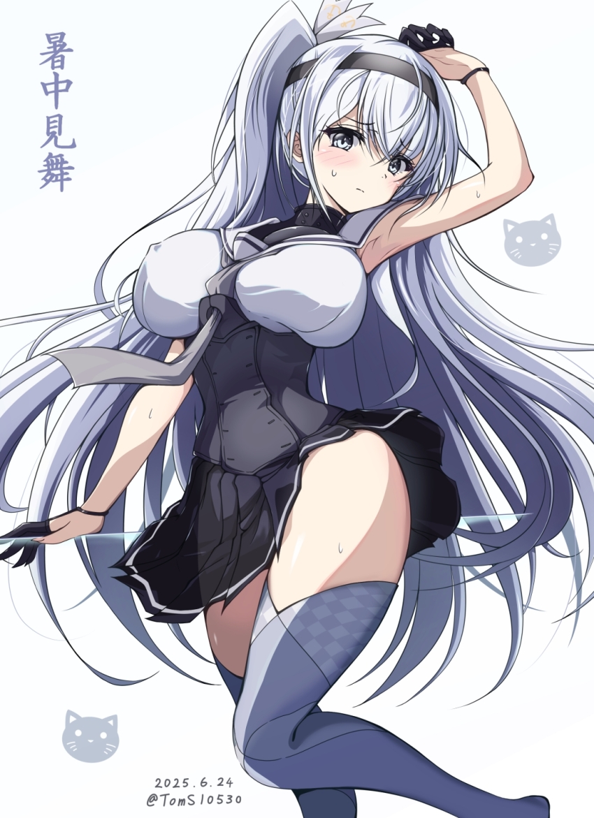 1girl adapted_costume black_gloves black_headband black_sailor_collar blush breasts clothes_writing cowboy_shot dated fuyutsuki_(kancolle) gloves grey_eyes grey_hair grey_neckerchief grey_thighhighs hachimaki hair_between_eyes half_gloves headband highres kantai_collection large_breasts long_hair microskirt neckerchief one_side_up sailor_collar school_uniform serafuku short_sleeves silver_legwear skirt thighhighs toms twitter_username white_headband white_neckerchief white_sailor_collar