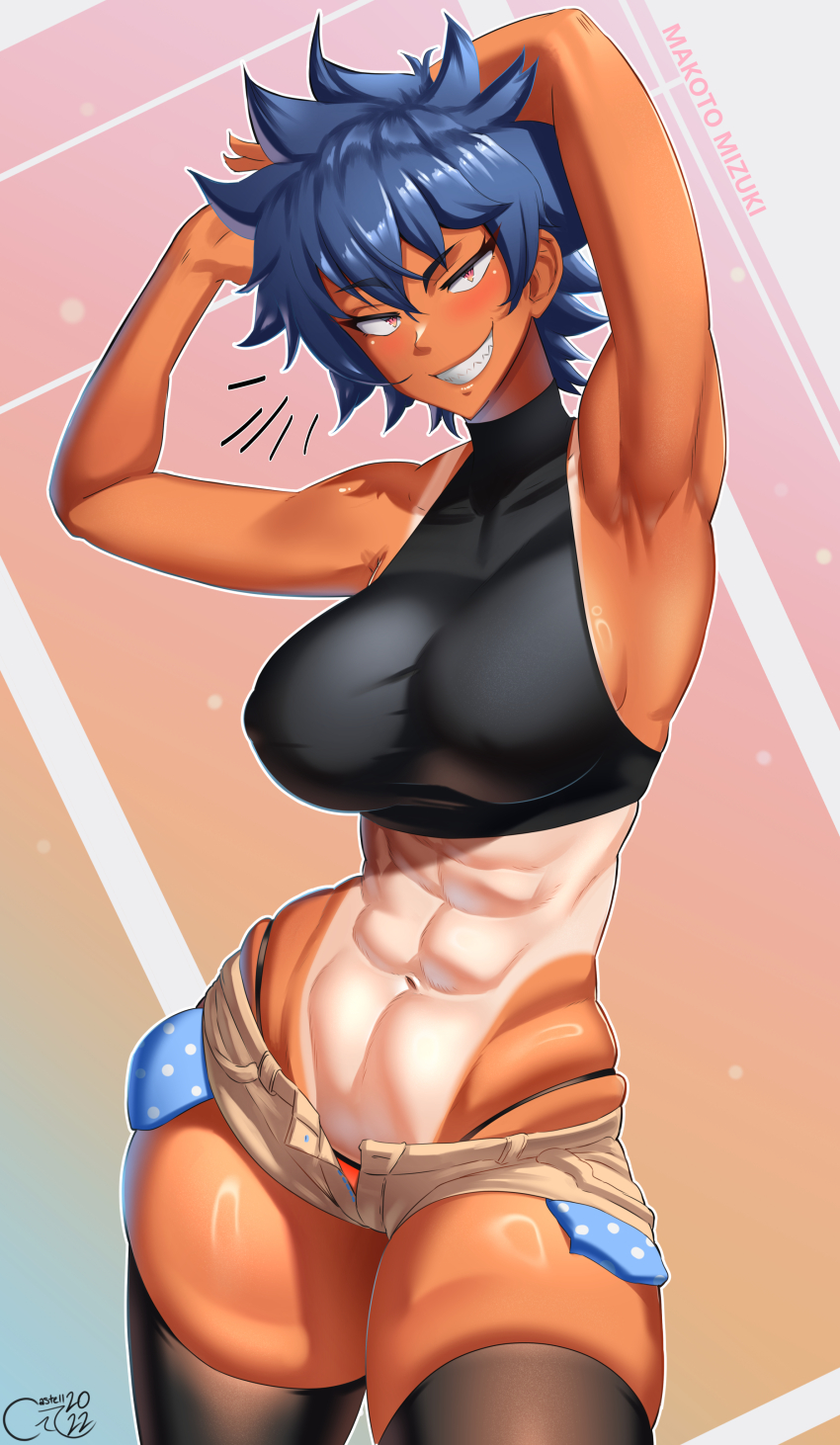 1girl 2022 abs absurdres armpits artist_name beige_shorts blue_hair borrowed_character breasts castell character_name crop_top dated english_text grin hair_between_eyes highleg highres large_breasts looking_at_viewer micro_shorts navel open_fly original pink_eyes short_hair shorts smile solo tan tanline thighhighs tomboy