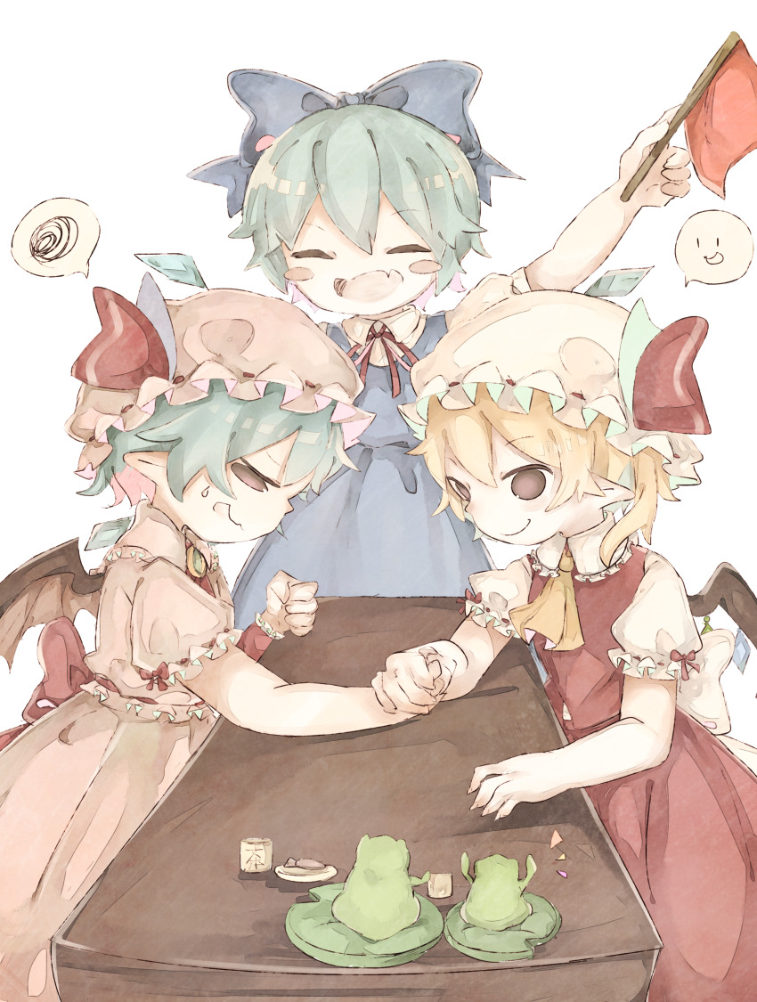 3girls absurdres aqua_hair arm_up arm_wrestling ascot back_bow bat_wings blonde_hair blue_bow blue_dress bow cheering chigu cirno closed_eyes closed_mouth collared_shirt dress facing_another fang flag flandre_scarlet flower frilled_shirt_collar frilled_sleeves frills frog green_brooch hair_bow hat highres holding holding_flag looking_at_another medium_hair mob_cap multicolored_wings multiple_girls neck_ribbon open_mouth pinafore_dress pink_hat pink_shirt pink_skirt pointy_ears puffy_short_sleeves puffy_sleeves red_ascot red_bow red_flower red_ribbon remilia_scarlet ribbon ribbon-trimmed_sleeves ribbon_trim shirt short_hair short_sleeves simple_background skin_fang skirt sleeveless sleeveless_dress speech_bubble spoken_smile spoken_squiggle squiggle sweatdrop touhou white_background white_bow white_hair white_shirt wings yellow_ascot