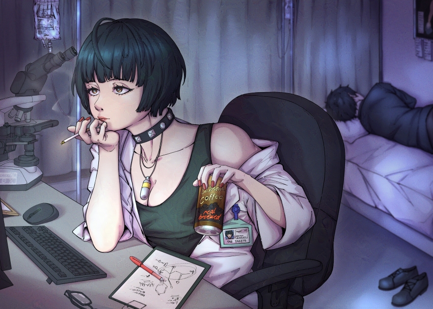 1boy 1girl amamiya_ren black_dress black_hair breasts brown_eyes can canned_coffee choker chuckuddin cigarette cleavage clipboard collar collarbone computer_keyboard computer_mouse dress drink_can highres jewelry lab_coat medium_breasts microscope nail_polish necklace pen persona persona_5 red_nails short_hair sitting takemi_tae