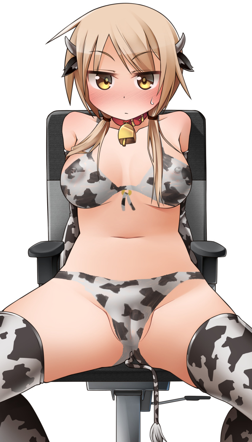1girl absurdres animal_ears animal_print baaad_sima bell bikini blonde_hair blush bodypaint breasts breasts_apart chair closed_mouth collar cow_ears cow_horns cow_print cow_print_bikini cow_print_thighhighs cow_tail fake_horns fake_tail highres horns ichii_yui large_breasts navel neck_bell nipples nude on_chair painted_clothes print_bikini print_thighhighs simple_background sitting solo spread_legs sweat swimsuit tail thighhighs twintails white_background yellow_eyes yuyushiki