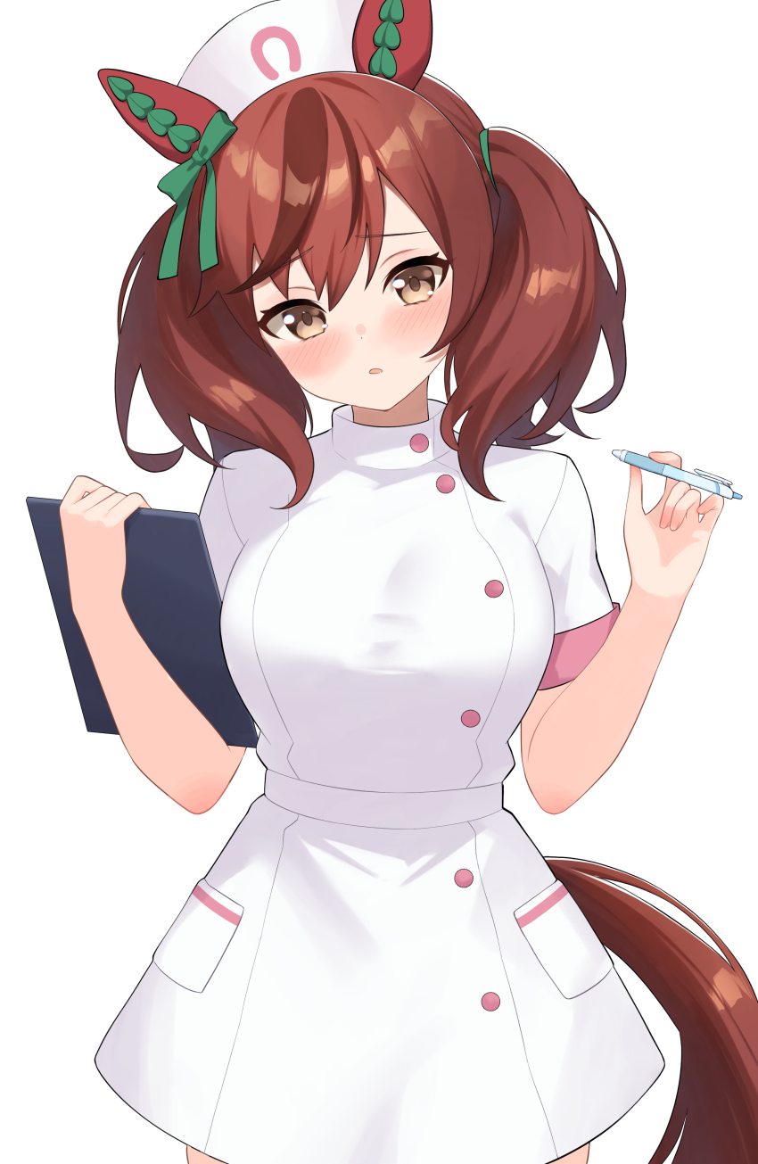 1girl absurdres animal_ears astroglia_cyte blush breasts brown_eyes brown_hair clipboard commentary cowboy_shot dress ear_covers gradient_hair hair_tie hat highres holding holding_clipboard holding_pen horse_ears horse_girl horse_tail looking_at_viewer medium_hair multicolored_hair nice_nature_(umamusume) nurse nurse_cap open_mouth pen short_dress short_sleeves simple_background solo standing tail twintails umamusume white_background white_dress white_hat