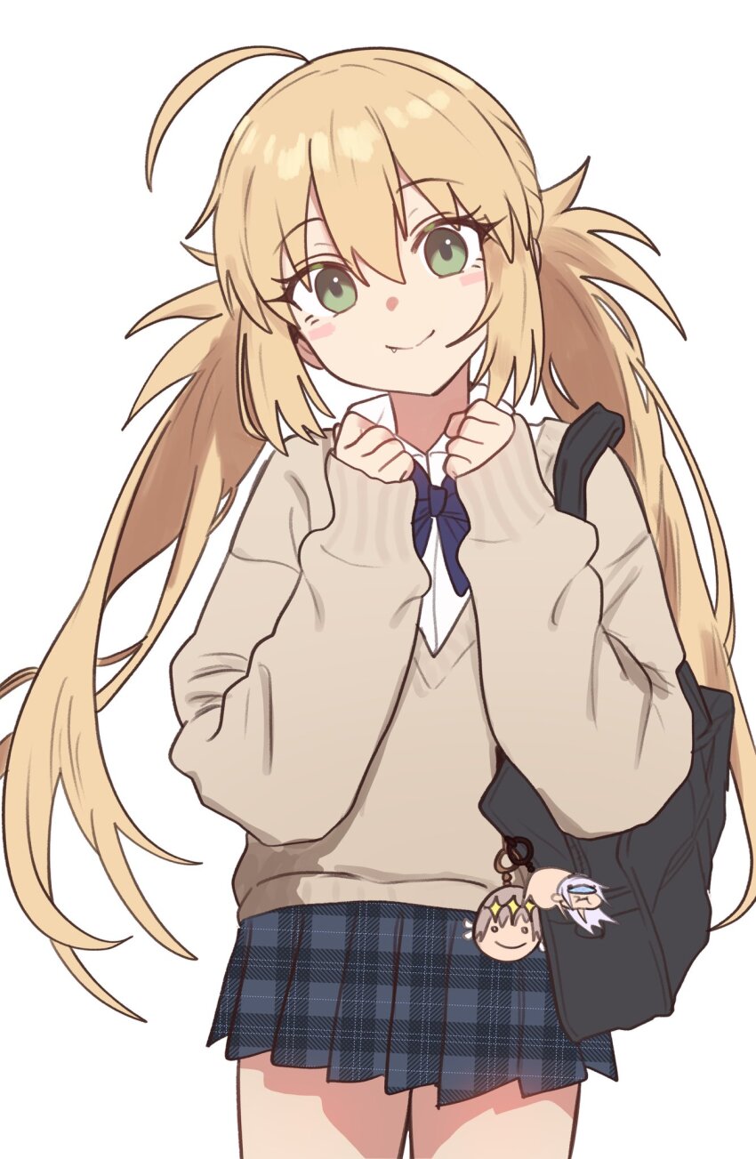 1girl ahoge artoria_caster_(fate) artoria_pendragon_(fate) blonde_hair blush breasts ebora fate/grand_order fate_(series) green_eyes highres long_hair long_sleeves looking_at_viewer skirt small_breasts smile solo thighs twintails