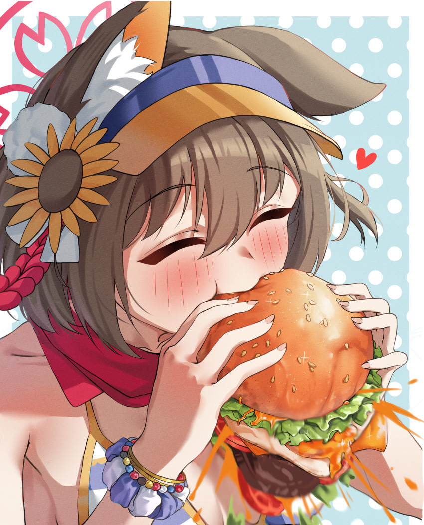+_+ 1girl absurdres animal_ear_fluff animal_ears bare_shoulders bead_bracelet beads bikini biting blue_archive blue_scrunchie blush bracelet breasts brown_hair burger cheese closed_eyes collarbone eating fangs flower food fox_ears fox_girl fox_tail gyu_chul hair_between_eyes hair_flower hair_ornament halo hands_up heart highres holding holding_burger holding_food izuna_(blue_archive) izuna_(swimsuit)_(blue_archive) jewelry lettuce medium_breasts official_alternate_costume open_mouth pink_halo pom_pom_(clothes) pom_pom_hair_ornament puffy_cheeks red_scarf scarf scrunchie sesame_seeds short_hair single_ear_down solo spilling striped_bikini striped_clothes sunflower sunflower_hair_ornament swimsuit tail tomato tomato_slice tongue uvula visor_cap wrist_scrunchie
