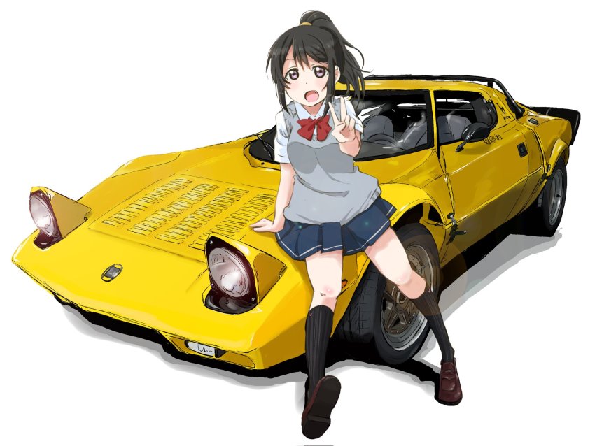 1girl arm_support black_hair black_socks blue_skirt brown_shoes car commentary_request fang from_side full_body grey_vest high_ponytail highres kneehighs lancia_(brand) lancia_stratos legs loafers maruyo motor_vehicle neck_ribbon on_car open_mouth original pleated_skirt ponytail red_ribbon ribbon school_uniform shirt shoes simple_background sitting skirt socks solo sports_car thighs v vest white_background white_shirt