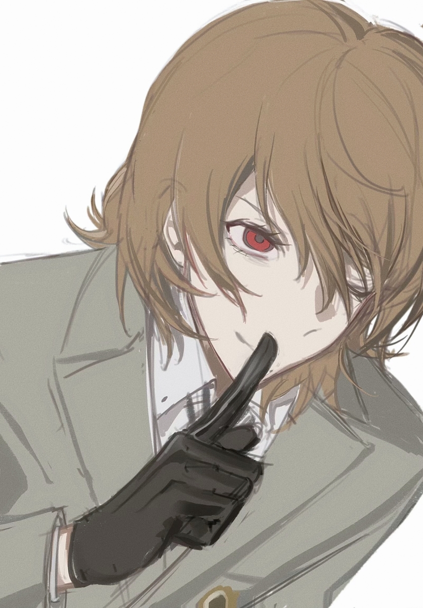 1boy ;) akechi_gorou baobing black_gloves chinese_commentary closed_mouth collared_shirt commentary_request dutch_angle film_grain finger_to_mouth gloves grey_jacket hair_between_eyes highres index_finger_raised jacket lapels long_sleeves male_focus medium_hair notched_lapels one_eye_closed persona persona_5 red_eyes shirt simple_background smile solo suit_jacket upper_body variant_set white_background white_shirt