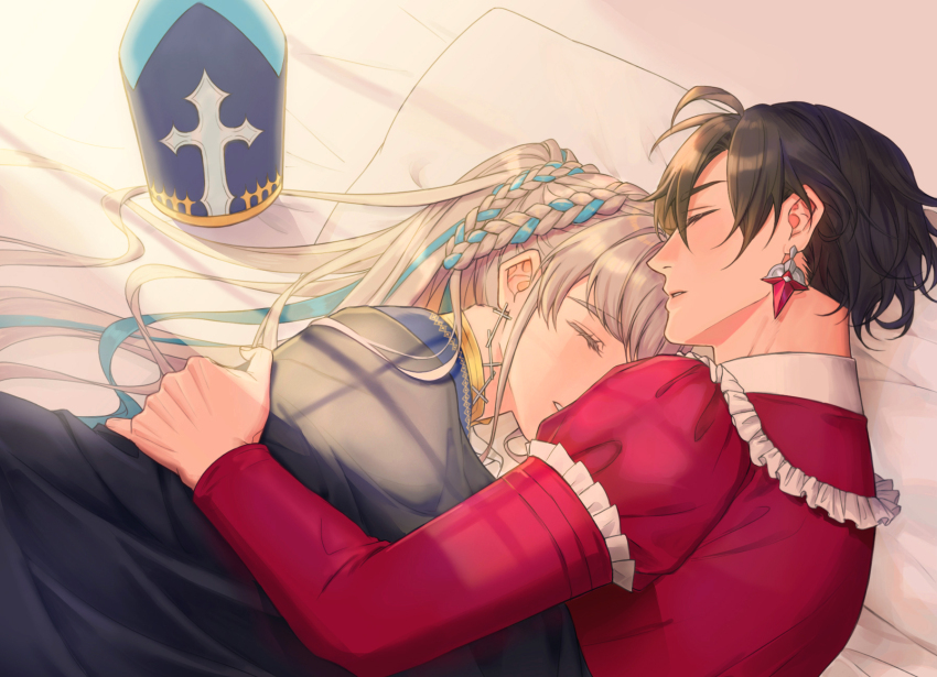 1boy 1girl bed_sheet black_hair blanket blue_hair braid braided_hair_rings closed_eyes constantine_xi_(fate) couple cross cross_earrings cuddling dnstar_1019 earrings fate/grand_order fate_(series) gold_trim grey_hair hair_between_eyes hair_rings hand_on_another&#039;s_back hat hetero highres hug indoors jewelry johanna_(fate) johanna_(third_ascension)_(fate) long_hair long_sleeves lying mitre multicolored_hair on_side parted_lips pillow ponytail red_tunic shared_bed short_hair sleeping streaked_hair swept_bangs tunic under_covers unworn_headwear