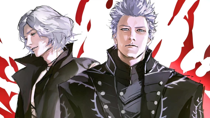 2boys black_coat black_shirt blue_eyes closed_mouth coat devil_may_cry_(series) devil_may_cry_5 flat4444 frown high_collar highres lapels looking_at_viewer looking_down male_focus multiple_boys official_alternate_hair_color parted_bangs parted_hair parted_lips popped_collar shirt short_hair smile upper_body v_(devil_may_cry) vergil_(devil_may_cry)
