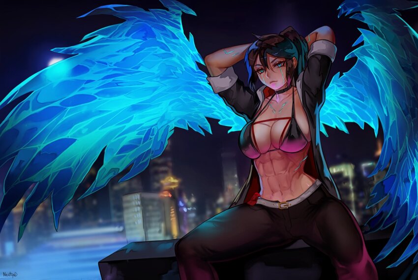 1girl abs arms_up belt black_hair black_jacket blue_eyes blue_wings body_markings breasts cityscape cleavage collarbone covered_erect_nipples dark glaring glowing_veins highres jacket long_bangs looking_at_viewer moon multicolored_jacket muscular muscular_female nextoad night night_sky noel_(tracedrenon) original ponytail red_jacket shiny_skin signature skindentation sky sleeves_rolled_up solo spirit squatting toned toned_female two-tone_jacket wings