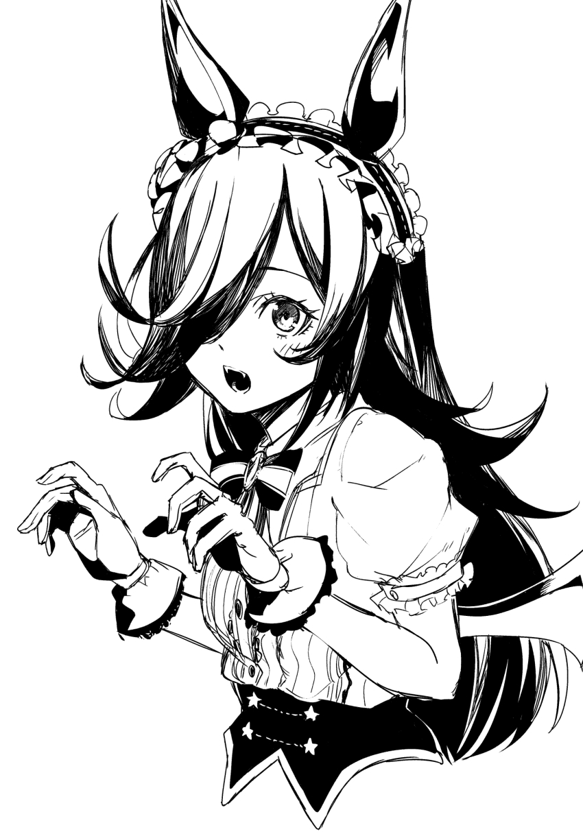 1girl animal_ears bonnet bow bowtie frilled_bonnet frills gloves greyscale hair_ornament hair_over_one_eye highres horse_ears horse_girl long_hair monochrome neckwear_request official_alternate_costume one_eye_covered open_mouth parted_bangs puffy_sleeves rice_shower_(make_up_vampire!)_(umamusume) rice_shower_(umamusume) shirt short_sleeves simple_background solo striped_bow striped_bowtie striped_clothes swept_bangs tsukamoto_minori umamusume upper_body