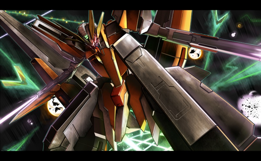 00s beam_rifle dual_wielding energy_gun explosion gomi_kushige gun gundam gundam_00 gundam_00_a_wakening_of_the_trailblazer gundam_harute holding letterboxed mecha no_humans robot solo space weapon