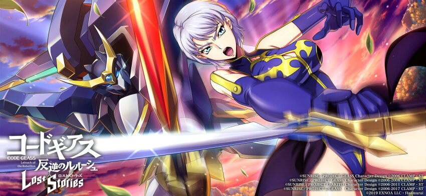 1girl blue_eyes breasts cleavage code_geass code_geass:_lost_stories highres knightmare_frame large_breasts official_art