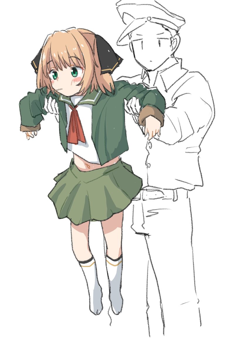 1boy 1girl absurdres black_ribbon brown_hair green_eyes green_jacket green_sailor_collar green_skirt hachijou_(kancolle) hair_ribbon highres jacket kantai_collection lifting_person long_sleeves longcat_(meme) meme mouth_hold parody pleated_skirt pok_(pok_0002) ribbon sailor_collar school_uniform serafuku short_hair skirt socks white_socks
