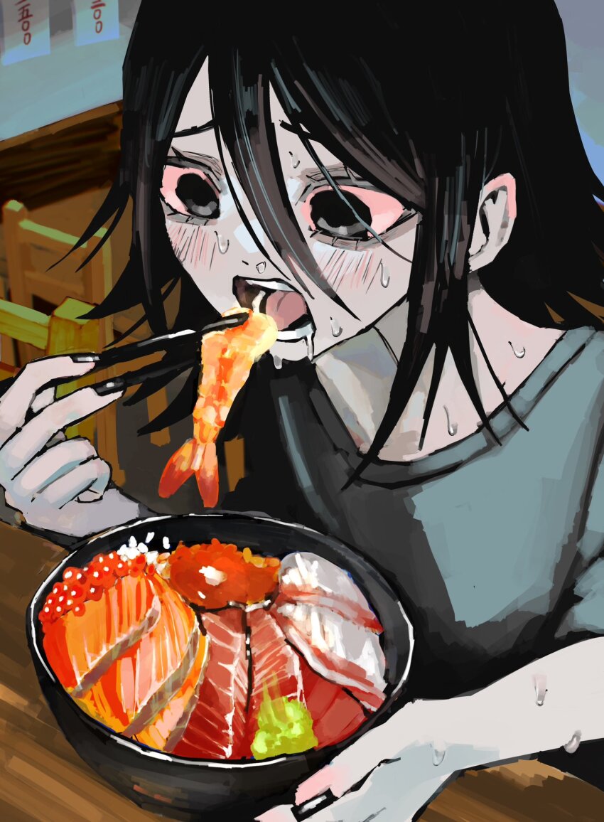 1girl black_eyes black_hair bowl chirashi_(food) chopsticks colored_sclera eating fish_(food) food hair_between_eyes highres holding holding_chopsticks ikura_(food) indoors long_hair nail_polish open_mouth original pink_sclera roe sashimi shrimp sitting solo sweat table upper_body urokogaran