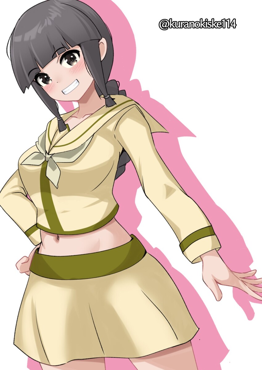 1girl black_hair blunt_bangs blunt_tresses braid brown_eyes cowboy_shot highres kantai_collection kitakami_(kancolle) kitakami_kai_ni_(kancolle) kurano_kisuke long_hair midriff navel neckerchief one-hour_drawing_challenge sailor_collar school_uniform serafuku shirt single_braid skirt solo twitter_username white_neckerchief yellow_sailor_collar yellow_serafuku yellow_shirt yellow_skirt