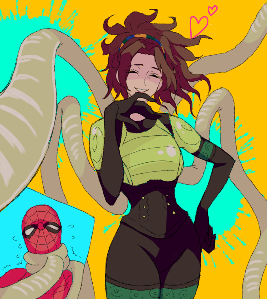 1boy 1girl ^_^ brown_hair clenched_hand closed_eyes doctor_octopus floating_hair hair_behind_ear heart highres marvel medium_hair ojou-sama_pose olivia_octavius open_hand paint_splatter parted_lips smile spider-man spider-man:_into_the_spider-verse spider-man_(series) spider-verse superhero_costume sushi_pizza_rrr tentacles trembling yellow_background