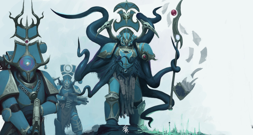 absurdres adeptus_astartes animal_skull armor armored_boots artist_logo bird_skull blue_armor bolter book boots breastplate chaos_(warhammer) chaos_space_marine couter crotch_plate cuirass fake_text floating floating_object flying_paper gauntlets geass greaves grimoire gun helm helmet hieroglyphics highres holding holding_gun holding_polearm holding_weapon leg_armor logo magic male_focus mutation_(warhammer) paper pauldrons polearm poleyn power_armor purity_seal rerebrace short_hair shoulder_armor skull skull_ornament standing standing_on_rock straight-on taz-mar telekinesis tentacle_arm tentacles thousand_sons tzeentch warhammer_40k weapon white_background