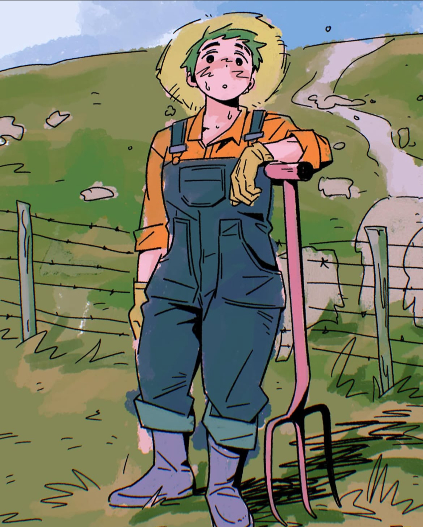 anime_coloring apron blue_sky boots farm farmer farming gloves grass green_background green_hair hat highres lawn non-web_source orange_shirt pitchfork road shirt short_hair sky stardew_valley straw_hat sweat tomboy