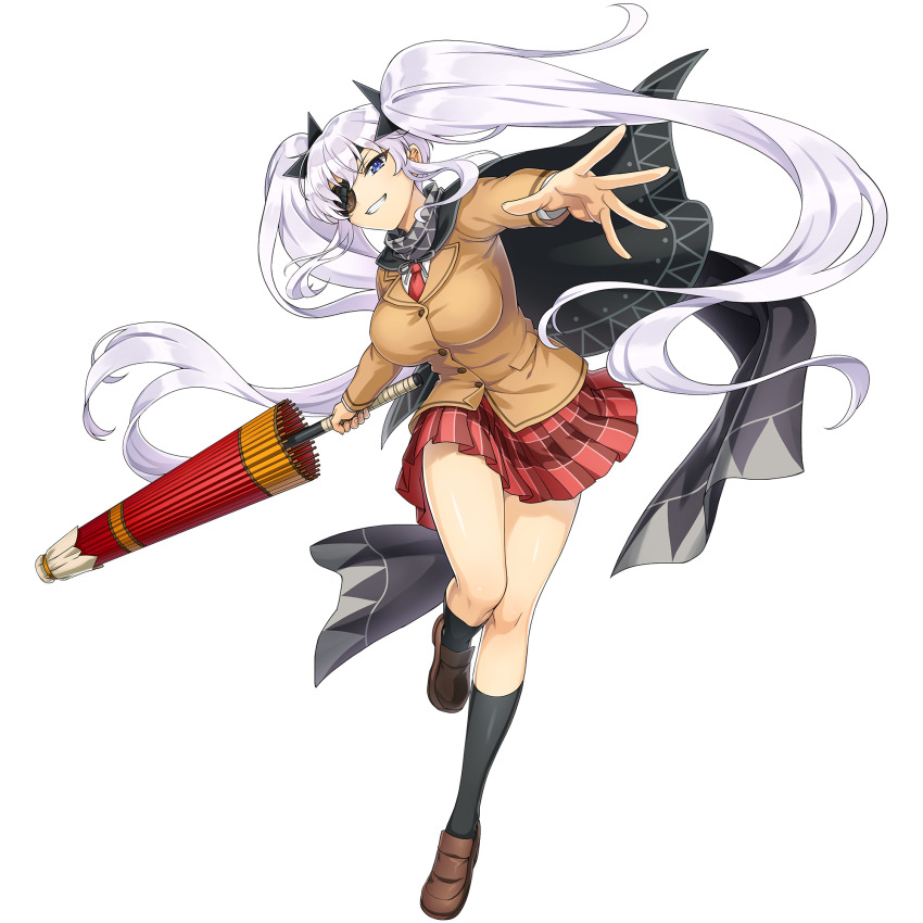1girl black_cape black_socks blazer blue_eyes breasts brown_jacket brown_shoes buttons cape closed_umbrella cosplay dolphin_wave eyepatch game_cg highres jacket kurose_minami large_breasts loafers long_hair looking_at_viewer miniskirt necktie non-web_source official_alternate_costume official_art oil-paper_umbrella ootomo_takuji plaid_clothes plaid_skirt pleated_skirt reaching reaching_towards_viewer red_necktie senran_kagura senran_kagura_new_link senran_kagura_shoujo-tachi_no_shin&#039;ei shiny_skin shirt shoes shuriken shuriken_hair_ornament sidelocks skirt smile smirk socks solo teeth transparent_background twintails umbrella very_long_hair weapon white_hair white_shirt yagyu_(senran_kagura) yagyu_(senran_kagura)_(cosplay)