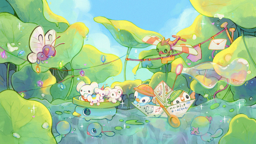 afloat animal_focus bandana bird blowing_bubbles butterfree chibi christmas_lights clothed_pokemon clothesline commentary fluffy gen_1_pokemon gen_2_pokemon gen_3_pokemon gen_4_pokemon gen_7_pokemon glasses highres letter lily_pad lotad maushold mouse_(animal) nintendo no_humans owl piplup pokemon pokemon_(creature) pokemon_focus poliwag pond procreate_(medium) ripples rowlet solid_circle_eyes sonshine-arts summer swimming water wooper yanma