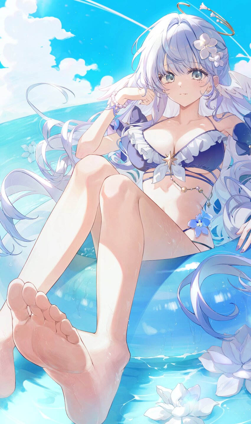 1girl absurdres bare_shoulders barefoot bead_bracelet beads bikini blue_flower bracelet breasts cleavage cloud day detached_sleeves earrings feathered_wings fingernails flower flower_on_liquid foot_out_of_frame foreshortening frilled_bikini frills green_eyes hair_flower hair_ornament halo hand_up hashtag-only_commentary head_wings highres honkai:_star_rail honkai_(series) innertube jewel_under_eye jewelry knees_up light_smile long_fingernails long_hair looking_at_viewer medium_breasts nail_polish ocean on_innertube outdoors parted_lips purple_bikini purple_hair purple_nails purple_sleeves robin_(honkai:_star_rail) saya_(xiaoxhuu) short_sleeves single_earring sitting solo star_(symbol) swim_ring swimsuit toes underboob water white_flower white_wings wings