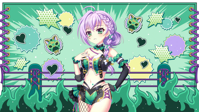 1girl ahoge alternate_hairstyle asymmetrical_legwear black_choker black_gloves black_sleeves black_wrist_cuffs breasts choker cleavage cowboy_shot crop_top cross-laced_clothes detached_sleeves dot_nose film_grain fingerless_gloves fire fishnets frilled_choker frills game_cg gloves green_background green_eyes green_ribbon green_shorts green_theme hair_bun hair_ribbon hair_up halftone hand_on_own_chest hand_on_own_hip heart hokaze_kanade izumi_tsubasu large_breasts long_braid long_hair looking_at_viewer mismatched_legwear navel non-web_source official_art parted_lips purple_hair re:stage! ribbon shorts single_glove single_hair_bun single_wrist_cuff solo stomach stomach_tattoo strapless sweat tattoo wrestling_mask wrestling_outfit wrestling_ring wrist_cuffs