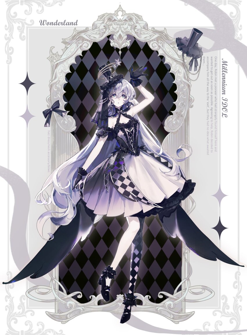 1girl :o absurdres alternate_costume arm_at_side arm_up bare_shoulders black_dress black_footwear black_gloves black_hat black_veil bracelet breasts checkered_clothes checkered_legwear cleavage commentary detached_sleeves diamond_in_eye dress english_commentary english_text feathered_wings full_body gloves green_eyes hair_between_eyes hair_ornament halo halter_dress halterneck hat head_wings high_heels highres honkai:_star_rail honkai_(series) jewel_under_eye jewelry leg_up long_hair looking_at_viewer mini_hat mini_top_hat open_mouth pearl_bracelet purple_hair rente_gu robin_(honkai:_star_rail) short_sleeves single_detached_sleeve single_thighhigh sleeveless sleeveless_dress solo standing standing_on_one_leg thighhighs top_hat two-tone_dress veil white_dress white_wings wings
