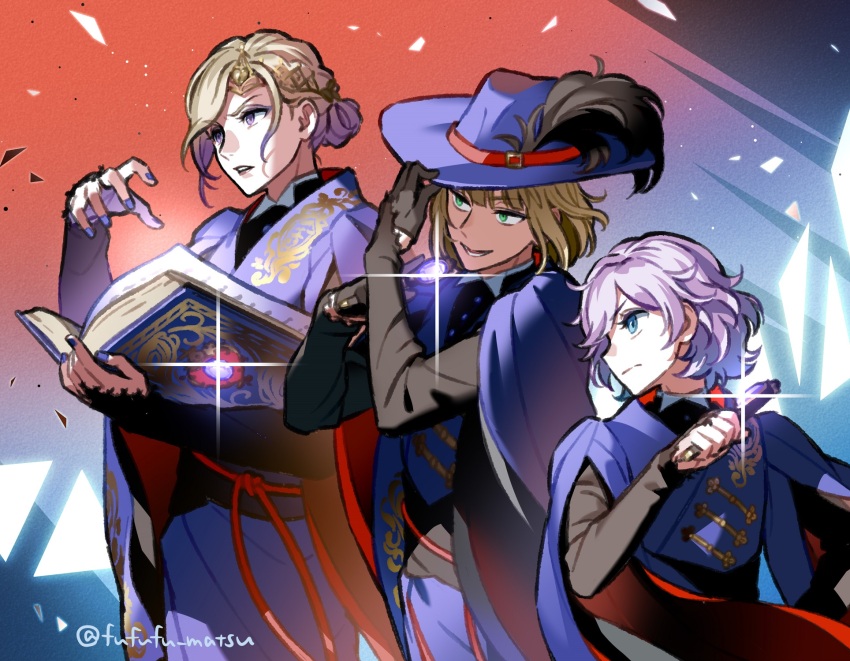 3boys blonde_hair blue_eyes book commentary_request epel_felmier funuyu green_eyes hair_bun hat hat_feather highres holding holding_book holding_wand male_focus multiple_boys purple_eyes purple_hair purple_robe robe rook_hunt short_hair twisted_wonderland vil_schoenheit wand