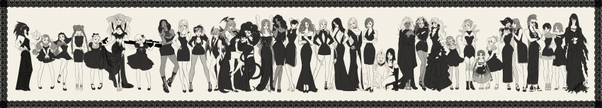 1other 6+girls absurdres amaterasu_(ookami) anita_(darkstalkers) ares_no_tsubasa avengers_(series) bare_shoulders black_cape black_choker black_dress black_footwear black_gloves blunt_bangs bow breasts b.b._hood cammy_white capcom cape captain_marvel cat choker chun-li cleavage clovercarmen5 crimson_viper crossed_arms crossover dark-skinned_female dark_skin death_(marvel) demon_tail demon_wings devil_may_cry_(series) devilot_de_deathsatan_ix dress elbow_gloves felicia_(darkstalkers) fishnet_thighhighs fishnets gamora glasses gloves goggles gown gun hair_bow head_wings headband heart high_heels highres holding holding_gun holding_weapon jean_grey jubilee kasugano_sakura hsien-ko lilith_(darkstalkers) mei-ling_(darkstalkers) long_hair long_image long_sleeves marrow_(x-men) marvel marvel_vs._capcom marvel_vs._capcom_2 marvel_vs._capcom_3 marvel_vs._capcom_infinite mega_man_(series) mega_man_legends_(series) michelle_heart morrigan_aensland multiple_girls ookami_(game) partially_colored psylocke red_lips rifle rogue_(x-men) roll_(mega_man) ruby_heart she-hulk short_hair sniper_rifle street_fighter strider_(video_game) tail thighhighs tong_pooh trish_(devil_may_cry) tron_bonne_(mega_man) twintails vampire darkstalkers weapon white_background white_dress wide_image wings x-23 x-men