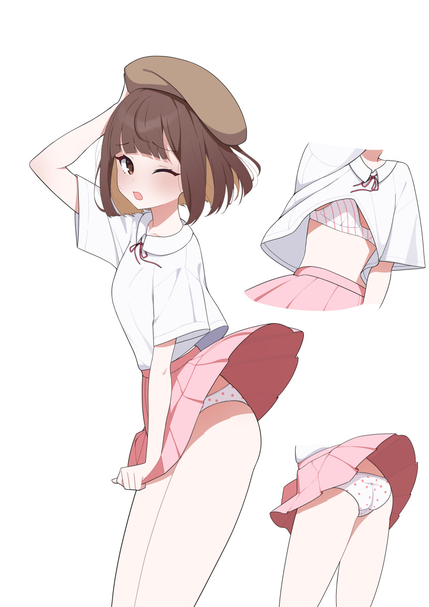 1girl absurdres accidental_exposure adjusting_clothes adjusting_headwear arm_up ass bra brown_eyes brown_hair brown_hat commission covering_crotch covering_privates from_side hat highres looking_at_viewer multiple_views neck_ribbon one_eye_closed open_mouth panties pantyshot pink_ribbon pink_skirt polka_dot polka_dot_panties ribbon saionji_(tanakeda) schwarz_rubin shirt short_hair skirt striped_bra striped_clothes tanaka-kun_wa_itsumo_kedaruge transparent_background underwear white_bra white_panties white_shirt wind wind_lift
