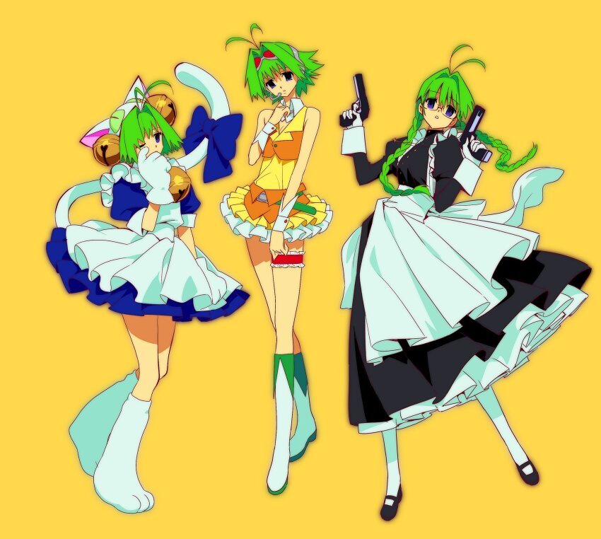 1girl animal_ears antenna_hair apron bell black_dress black_shoes blue_dress blue_eyes boots braid cat_ears cat_tail cosplay dejiko dejiko_(cosplay) di_gi_charat dress dual_wielding frilled_thigh_strap full_body gloves goggles goggles_on_head green_hair gumi gumi_(cosplay) gun hair_bell hair_ornament headset highres holding holding_gun holding_weapon juliet_sleeves long_dress long_hair long_sleeves maid maid_apron mary_janes multiple_views one_eye_closed pantyhose pink_bitch_club puffy_short_sleeves puffy_sleeves qmeng shoes short_dress short_hair short_sleeves simple_background sleeveless sleeveless_dress tail thigh_strap twin_braids very_long_hair vocaloid vyt-24 weapon white_apron white_boots white_gloves white_pantyhose white_sleeve_cuffs yellow_background yellow_dress