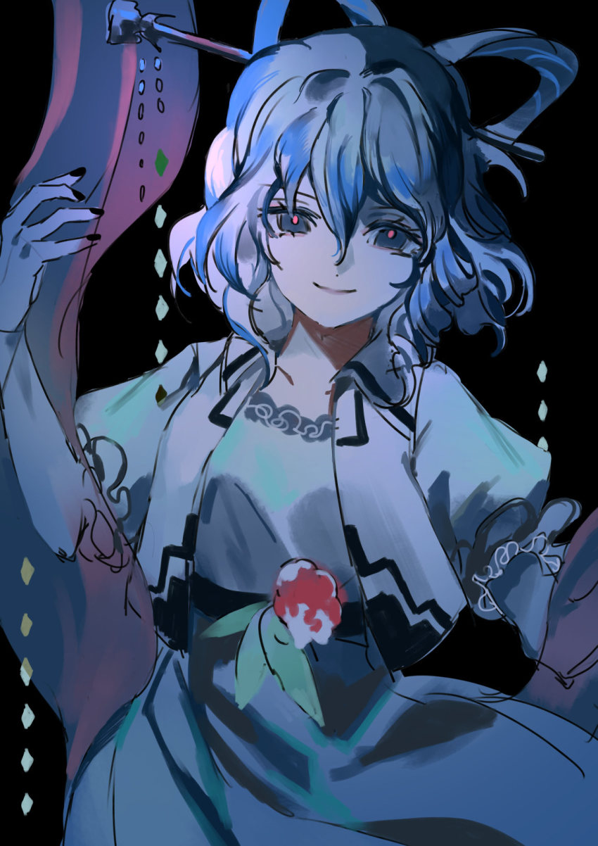 1girl ama_asagi belt black_background black_nails blue_dress blue_eyes blue_hair breasts closed_mouth collarbone commentary_request cowboy_shot dress drill_hair drill_sidelocks flower hagoromo hair_between_eyes hair_ornament hair_rings hair_stick hand_up highres kaku_seiga light_smile looking_at_viewer medium_hair nail_polish one-hour_drawing_challenge open_clothes open_vest puffy_short_sleeves puffy_sleeves red_pupils shawl short_sleeves sidelocks simple_background small_breasts solo touhou vest white_vest