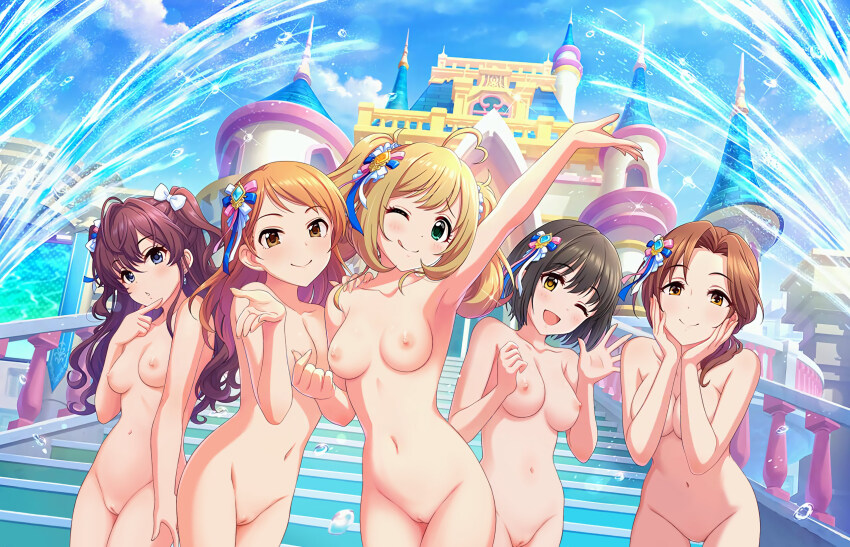5girls annindoufu_(oicon) arm_up black_hair blonde_hair blue_eyes breasts brown_eyes brown_hair cleavage cleft_of_venus completely_nude finger_to_mouth green_eyes hand_on_own_chin highres hojo_karen ichinose_shiki idolmaster idolmaster_cinderella_girls idolmaster_cinderella_girls_starlight_stage kawashima_mizuki medium_breasts multiple_girls navel nipples nude nude_filter one_eye_closed orange_hair outdoors pussy sato_shin small_breasts stairs tagme takafuji_kako third-party_edit twintails waving wink zenra