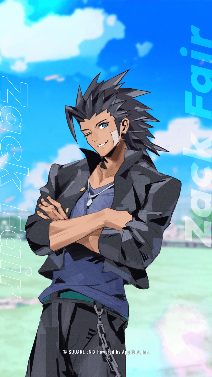 1boy bandaid bandaid_on_cheek bandaid_on_face black_jacket black_pants blue_eyes blue_shirt character_name cowboy_shot cropped_jacket crossed_arms final_fantasy final_fantasy_vii final_fantasy_vii_ever_crisis fujise_lisa gakuran hair_slicked_back highres jacket looking_at_viewer male_focus medium_hair official_alternate_costume one_eye_closed outdoors pants parted_lips portrait school_uniform shirt sideburns smile solo square_enix standing tan upper_body zack_fair