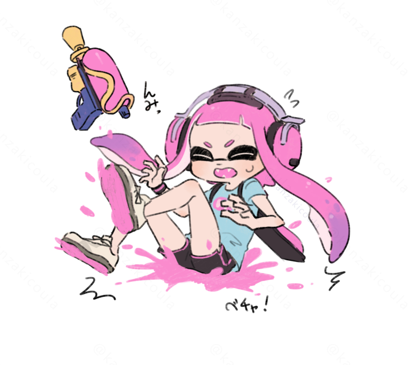 1girl ^^^ black_shorts blue_shirt blunt_bangs bracelet closed_eyes commentary_request coula_cat dolphin_shorts dot_nose dropping falling fangs flying_sweatdrops full_body headphones highres ink ink_tank_(splatoon) inkling inkling_girl inkling_player_character jewelry long_hair multicolored_hair nintendo open_mouth pink_hair pink_liquid print_shirt purple_hair shirt shoes short_sleeves shorts shoulder_strap simple_background solo splashing splatoon_(series) splattershot_(splatoon) sweatdrop tentacle_hair translation_request tripping two-tone_hair very_long_hair white_background white_shoes
