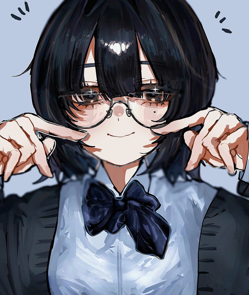 1girl adjusting_eyewear black-framed_eyewear blunt_bangs blush brown_hair closed_mouth glasses hand_on_own_face highres jacket long_sleeves looking_at_viewer original oubaisameko_181 pinching_gesture school_uniform semi-rimless_eyewear shirt short_hair simple_background smile solo