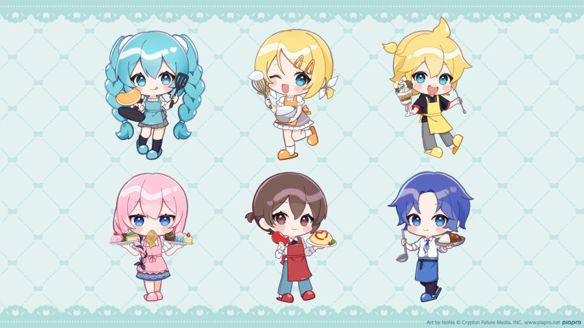 2boys 4girls :q ;3 apron aqua_apron aqua_background aqua_eyes aqua_hair aqua_slippers black_pants black_shirt black_socks blue_eyes blue_necktie blue_pants blue_slippers bottle bowl braid brown_eyes cake chibi chibi_only closed_mouth collared_shirt commentary_request cream cup cupcake curry curry_rice food food_in_mouth fruit full_body grey_pants grey_skirt hair_between_eyes hair_ornament hairclip hatsune_miku heart highres holding holding_bottle holding_bowl holding_cup holding_ladle holding_pan holding_plate holding_whisk kagamine_len kagamine_rin kaito_(vocaloid) ketchup_bottle ladle leg_up long_hair megurine_luka meiko_(vocaloid) multiple_boys multiple_girls necktie noneon319 official_art omelet omurice one_eye_closed orange_apron pancake pants parfait pink_slippers plate puffy_short_sleeves puffy_sleeves red_slippers rice second-party_source shirt short_hair short_sleeves skirt slippers smile socks strawberry swiss_roll taiyaki teeth tongue tongue_out twin_braids upper_teeth_only very_long_hair vocaloid wagashi whisk white_shirt white_socks yellow_apron